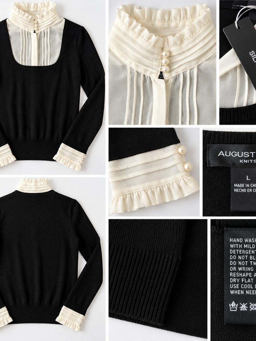 august silk Black Sweater with Cream Ruffled Mock Neck & Cuffs